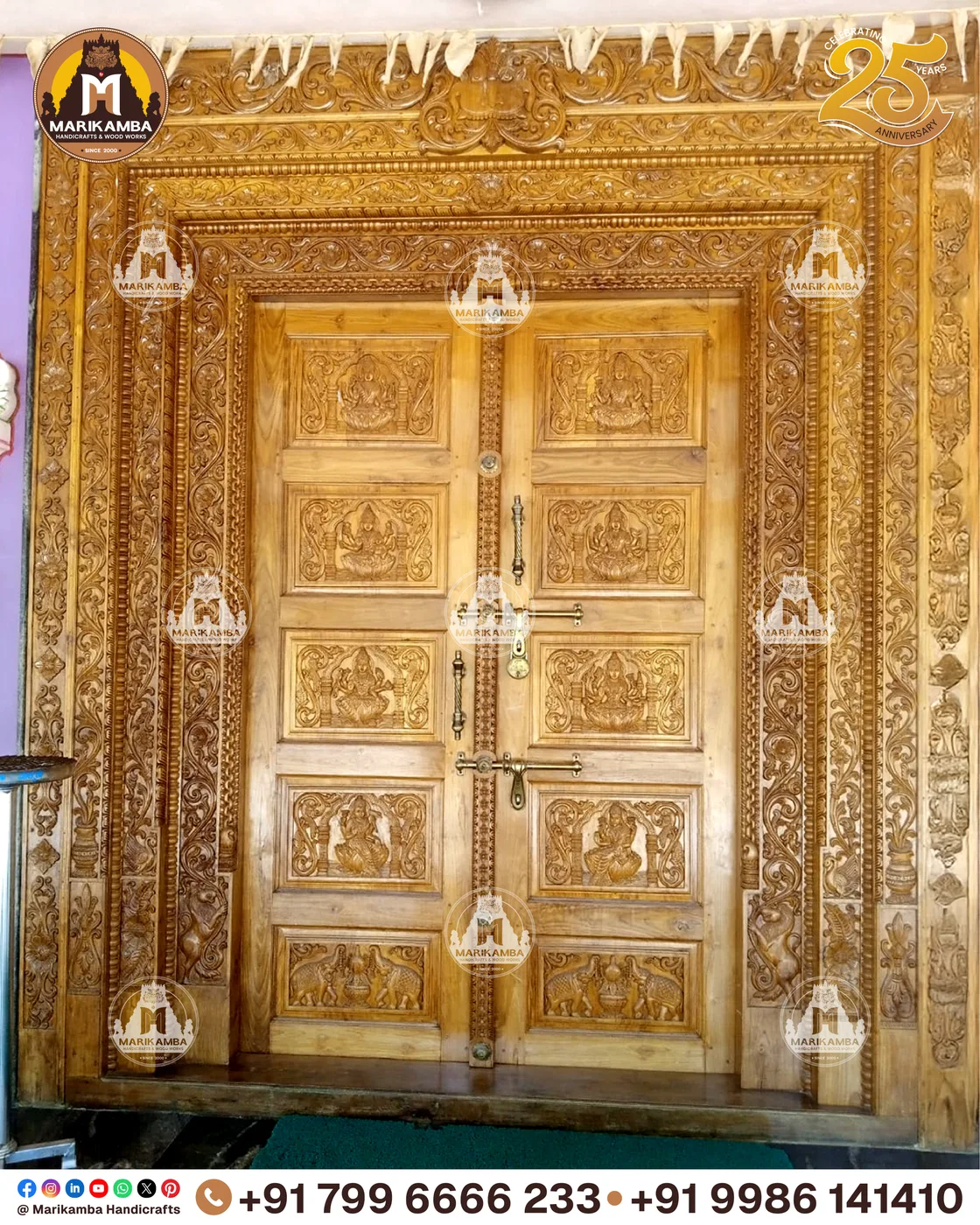 Wooden home entrance door with carved panels and a decorated lintel — piece 32 of the collection