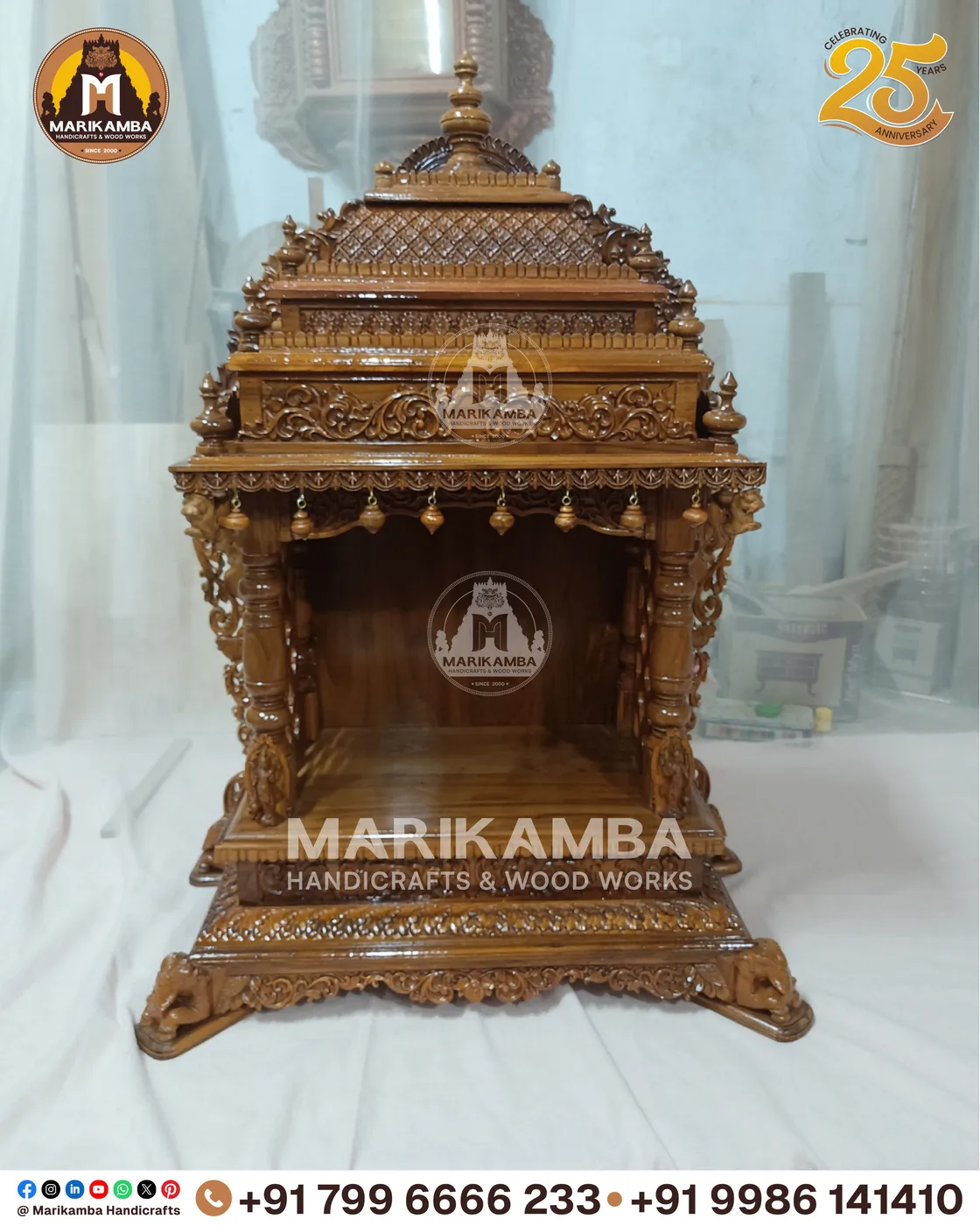 Pooja mandira front elevation showing carved side panels and a raised deity platform — piece 45 of the collection