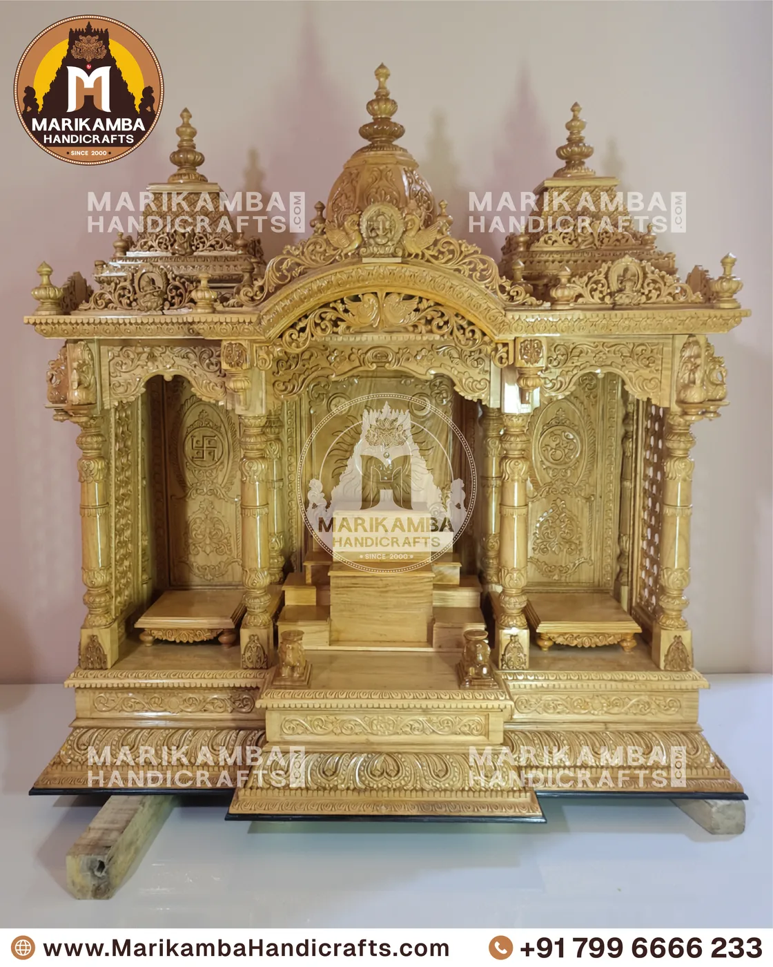 Wooden home mandir with turned pillars and a lotus-carved arch, made in Sirsi, Karnataka — piece 82 of the collection