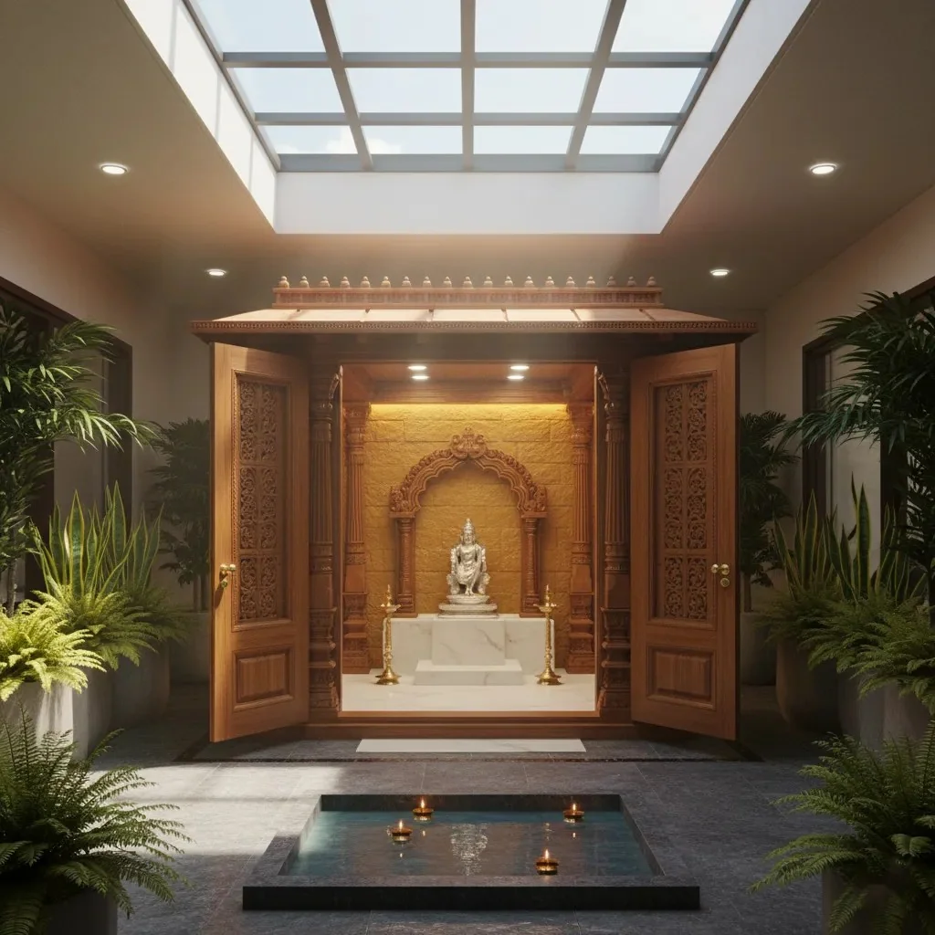 Walk-in pooja unit design reference with carved doors and internal shelving (reference 07)