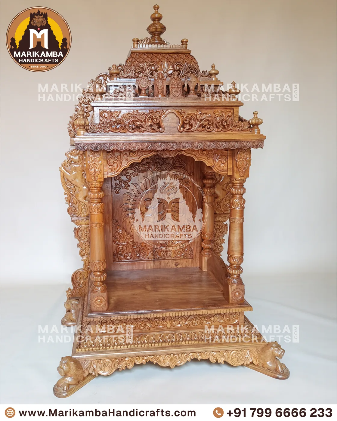 Temple-style wooden mantapa with pilasters, brackets and hand-chiselled detailing — piece 77 of the collection